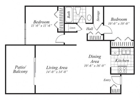 two bedroom one bathroom floor plan at canyon rim